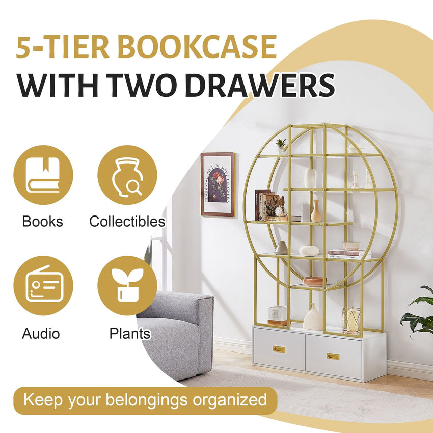 70.8 Inch Round Office Bookcase Bookshelf, Display Shelf, Two Drawers, Gold Frame - 7DAY'S