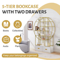 70.8 Inch Round Office Bookcase Bookshelf, Display Shelf, Two Drawers, Gold Frame - 7DAY'S