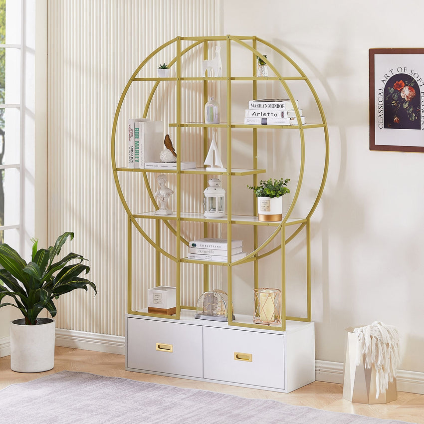 70.8 Inch Round Office Bookcase Bookshelf, Display Shelf, Two Drawers, Gold Frame - 7DAY'S