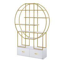 70.8 Inch Round Office Bookcase Bookshelf, Display Shelf, Two Drawers, Gold Frame - 7DAY'S