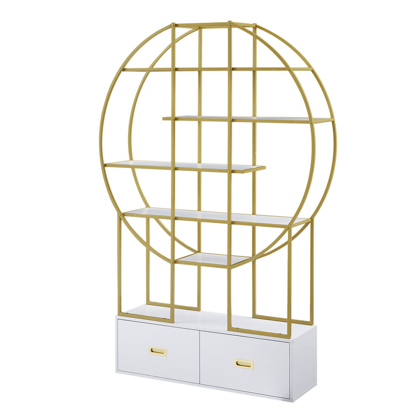 70.8 Inch Round Office Bookcase Bookshelf, Display Shelf, Two Drawers, Gold Frame - 7DAY'S
