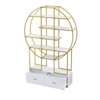 70.8 Inch Round Office Bookcase Bookshelf, Display Shelf, Two Drawers, Gold Frame - 7DAY'S