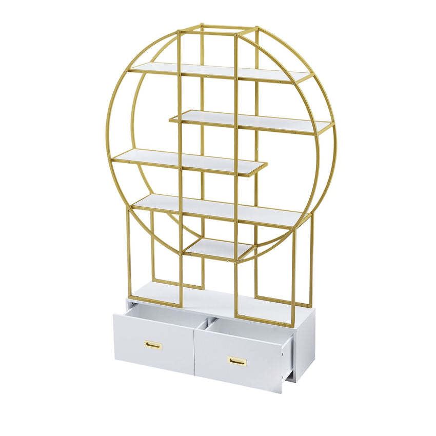 70.8 Inch Round Office Bookcase Bookshelf, Display Shelf, Two Drawers, Gold Frame - 7DAY'S