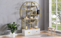 70.8 Inch Round Office Bookcase Bookshelf, Display Shelf, Two Drawers, Gold Frame - 7DAY'S