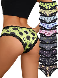 Morvia 10pcs Women's Gothic Contrast Lace Halloween Skull & Rose Print Hipster Panties Assorted Styles