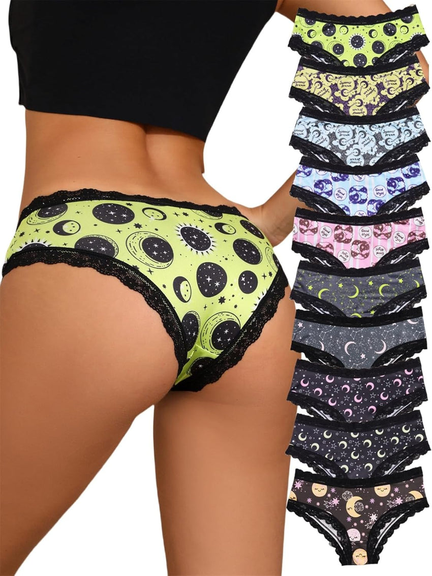 Morvia 10pcs Women's Gothic Contrast Lace Halloween Skull & Rose Print Hipster Panties Assorted Styles