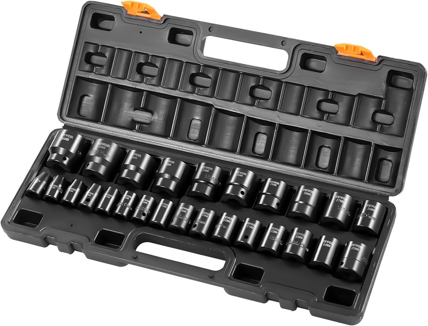 VEVOR 1/2" Drive Impact Socket Set, 65 Piece SAE 3/8" to 1-1/4" and Metric 10-24mm, 6 Point Cr-V Alloy Steel for Auto Repair, Easy-to-Read Size Markings, Rugged Construction, Storage Case