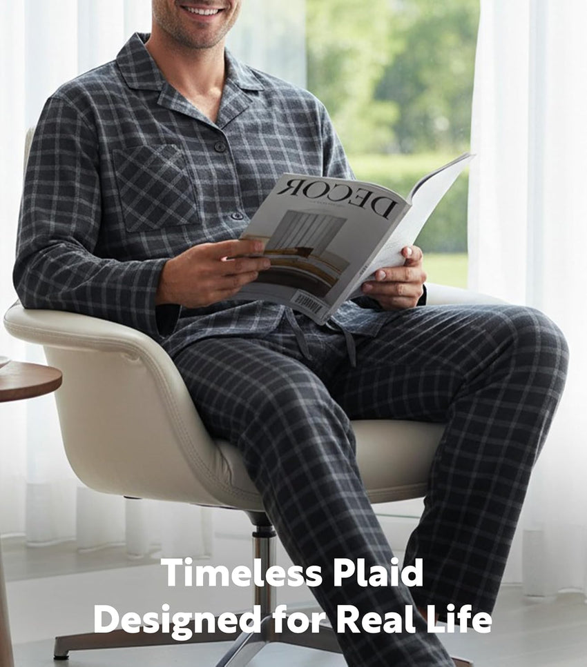 DAVID ARCHY Men's Pajamas Set Flannel Pjs Sets Ultra-Soft Cotton Pajamas for Men Classic Plaid Lounge Set with Roomy Pockets