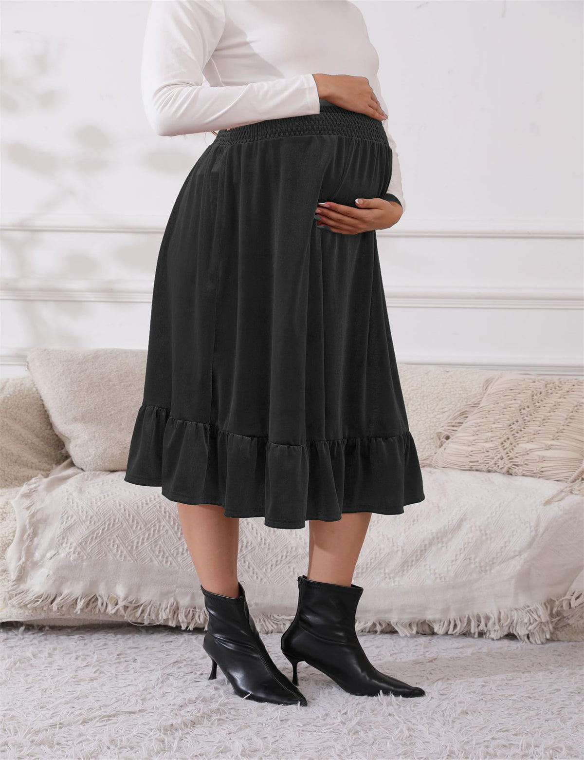 FUNJULY Maternity Dress Women's High Waist Floral Print Pleated Maxi Skirt Casual Flowy Swing A Line Long Skirts BlackPurple L