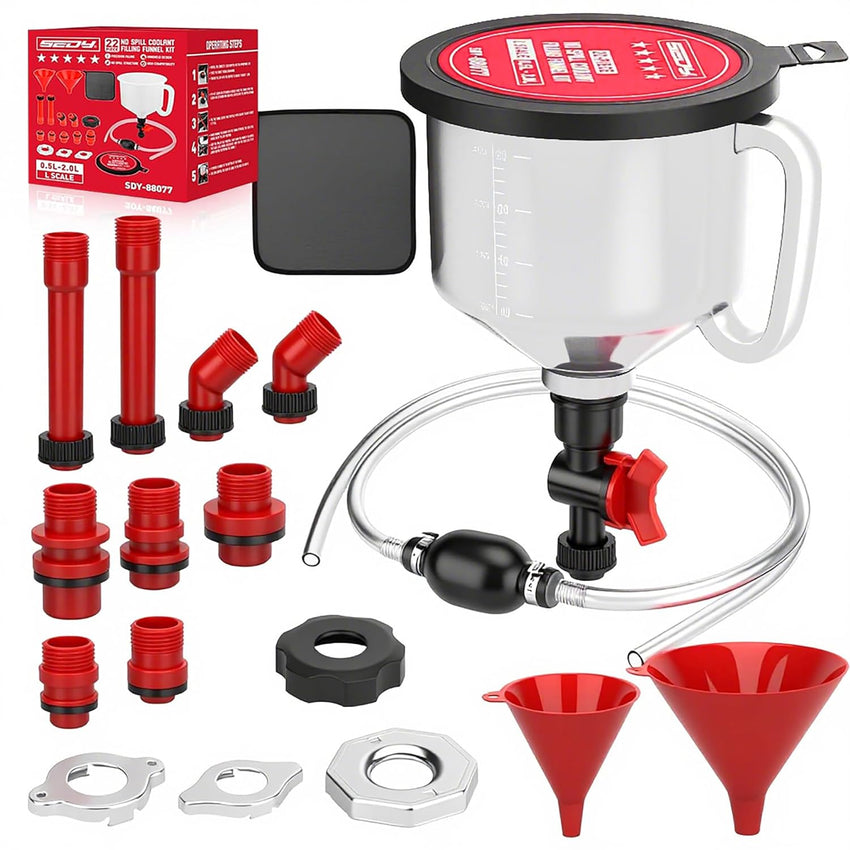 22-Piece No-Spill Coolant Filling Funnel Kit and Siphon Hose Pump, Radiator Coolant Filling Spill-Proof Funnel Kit with Adapters, Extensions, PVC Hose, Engine Oil Funnels, Towel for Universal Vehicle