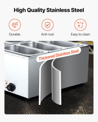 VEVOR Commercial Food Warmer, 1500W Electric Stainless Steel Steam Food Warmer with Lid, 6-Pan Fast Heating Countertop Buffet Bain Marie with Soup & Perforated Ladles, for Catering, Restaurant, Party