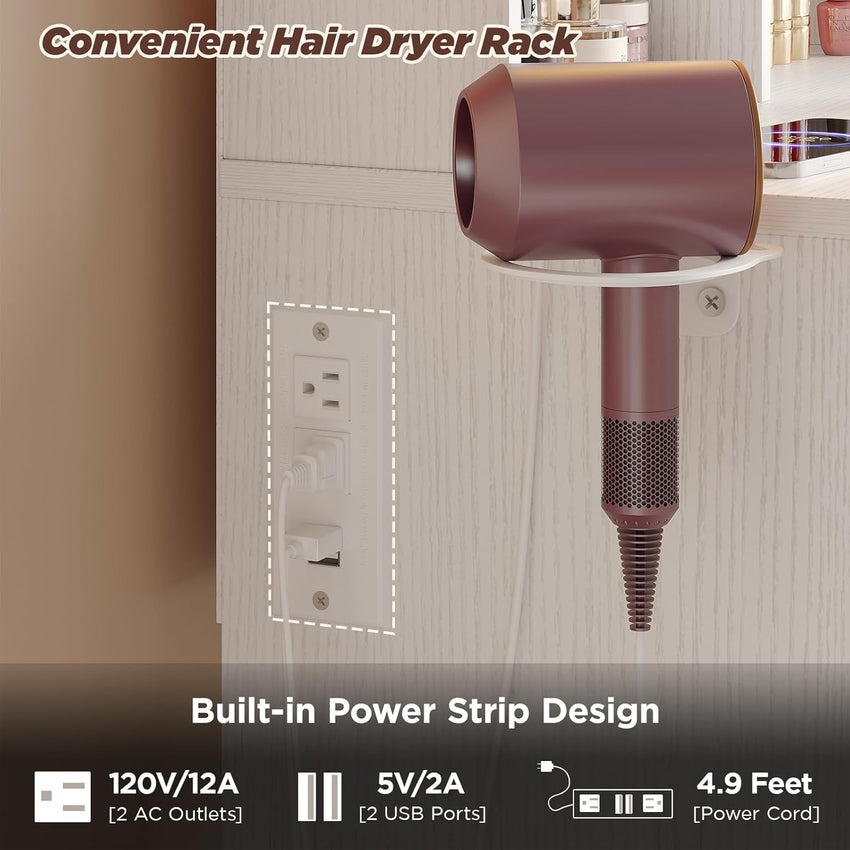 Maupvit Small Vanity Desk with Mirror and Lights, Modern Compact Make Up Vanity Set with Hidden Stool, Charging Station, Drawers, White Narrow Vanity Dressing Table with Fold-up Panel for Small Space