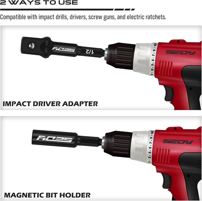 9-Piece Impact Socket Adapter Set, 1/4" 3/8" 1/2" Driver Socket Adapter, Power Drill Bit Extension, Magnetic Screwdriver Bit Holder, Socket Wrench Adapter