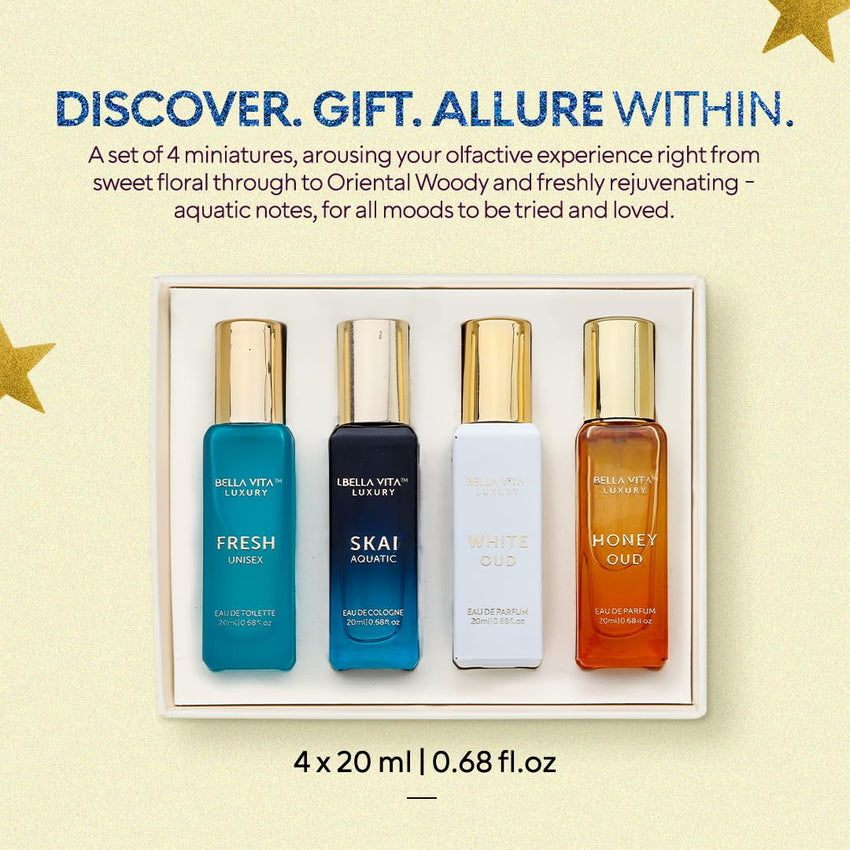 BellaVita Luxury Unisex Cologne Gift Set (4x20ml) | Fragrances Includes Honey OUD, SKAI, FRESH & White OUD | Travel Size Mini Perfumes & Spicy Vanilla Perfume Oil | Unisex Perfume for Women & Men