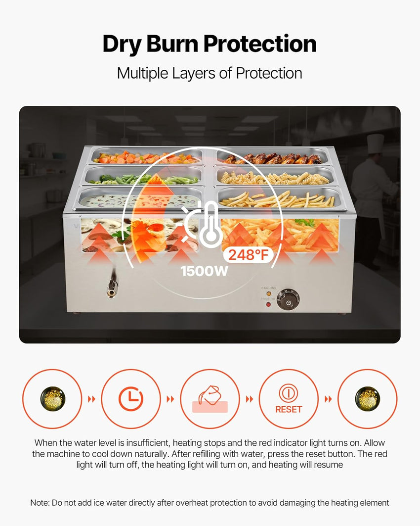 VEVOR Commercial Food Warmer, 1500W Electric Stainless Steel Steam Food Warmer with Lid, 6-Pan Fast Heating Countertop Buffet Bain Marie with Soup & Perforated Ladles, for Catering, Restaurant, Party