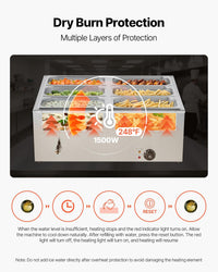 VEVOR Commercial Food Warmer, 1500W Electric Stainless Steel Steam Food Warmer with Lid, 6-Pan Fast Heating Countertop Buffet Bain Marie with Soup & Perforated Ladles, for Catering, Restaurant, Party