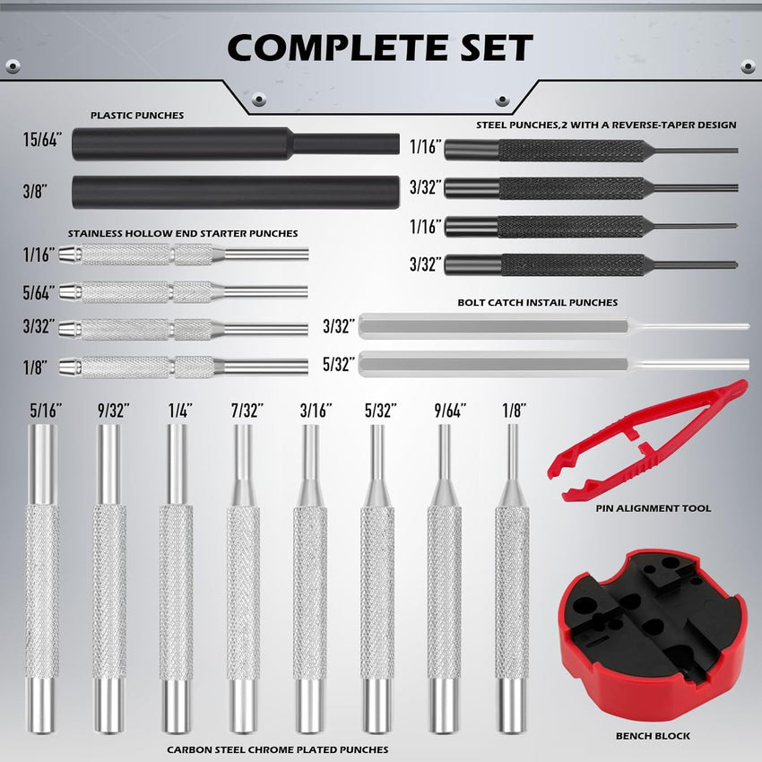 Premium Pin Punch Hammer Set: 25-Piece Punch Set and Hammer with Bench Block, Steel Roll Pin Punch Set, Pin Punches with Replaceable Face Hammer, Mechanical Repair Tool for Maintenance
