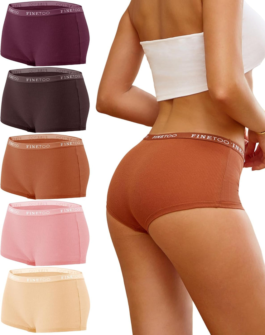 FINETOO Boyshort Underwear for Women Cotton Boxer Briefs Full Coverage Ladies BoyShorts Panties 5 Pack