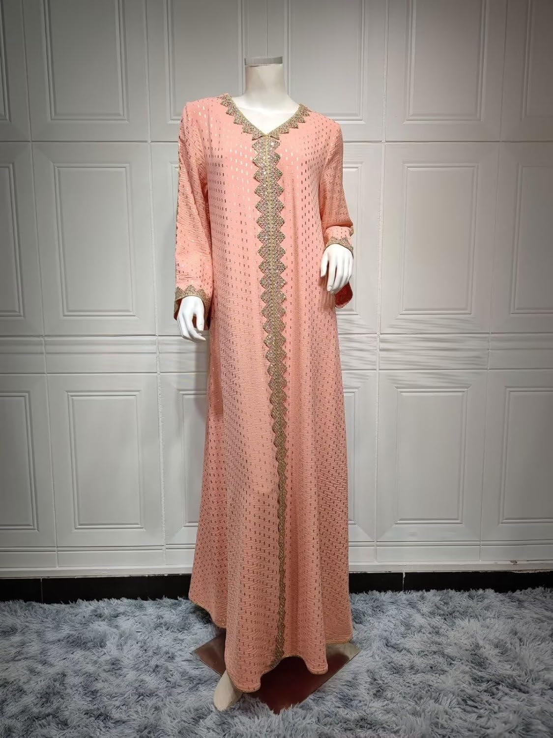 Boedaty Women Summer Muslim Abaya Dress One-Piece Embroidered V Neck Bronzing Kaftan Dress Full Length Party Dress