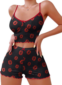 Hilinker Womens Graphic Print Ribbed PJ Set Crop Cami Tops and Shorts Cute Pajamas Set