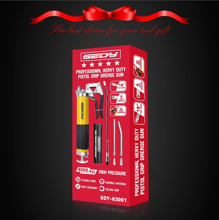 SEDY Heavy Duty Grease Gun Kit - 14oz Free Grease Tube 8000 PSI Pistol High Pressure Flexible Hose Bearing Grease Pump Marine Durable Connectors Adapters Extension Tubes Nozzle Easy Operation