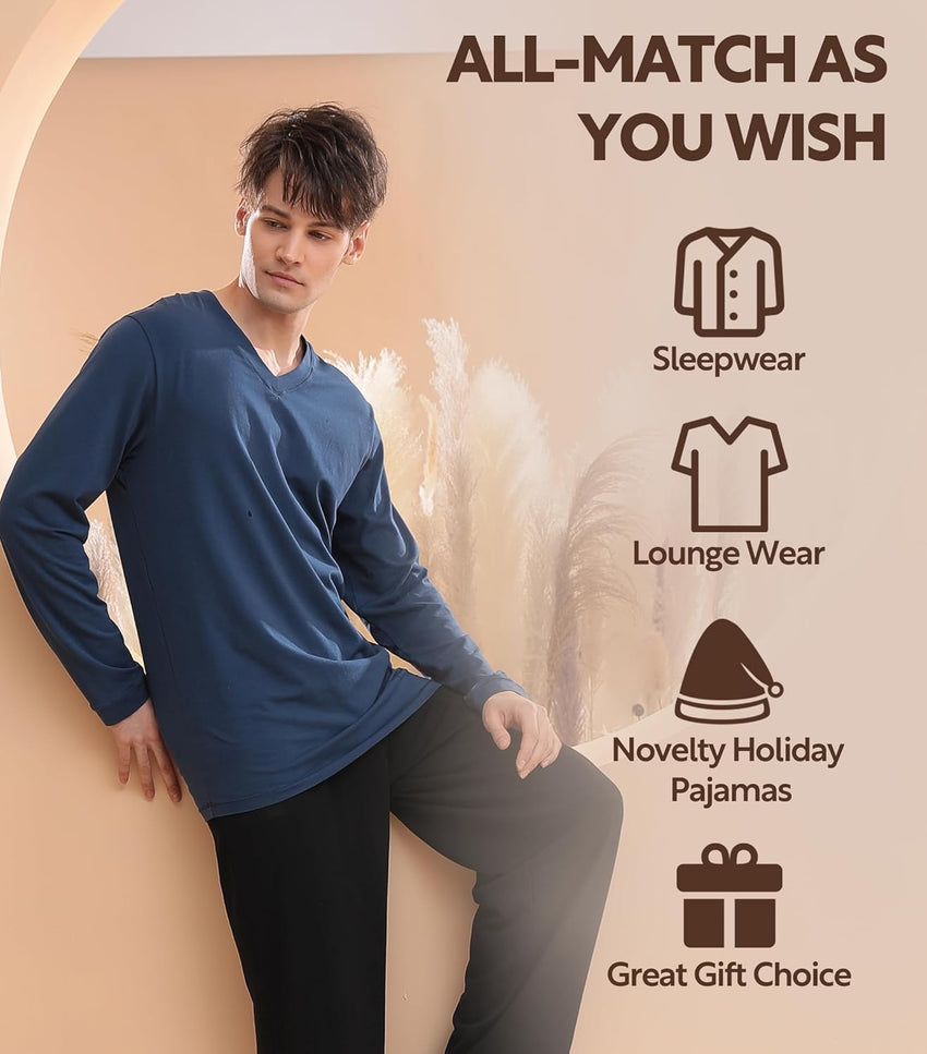 DAVID ARCHY Men's Pajamas Set Soft Cotton Long Sleeve Sleepwear Comfy Loungewear Pjs with Pockets