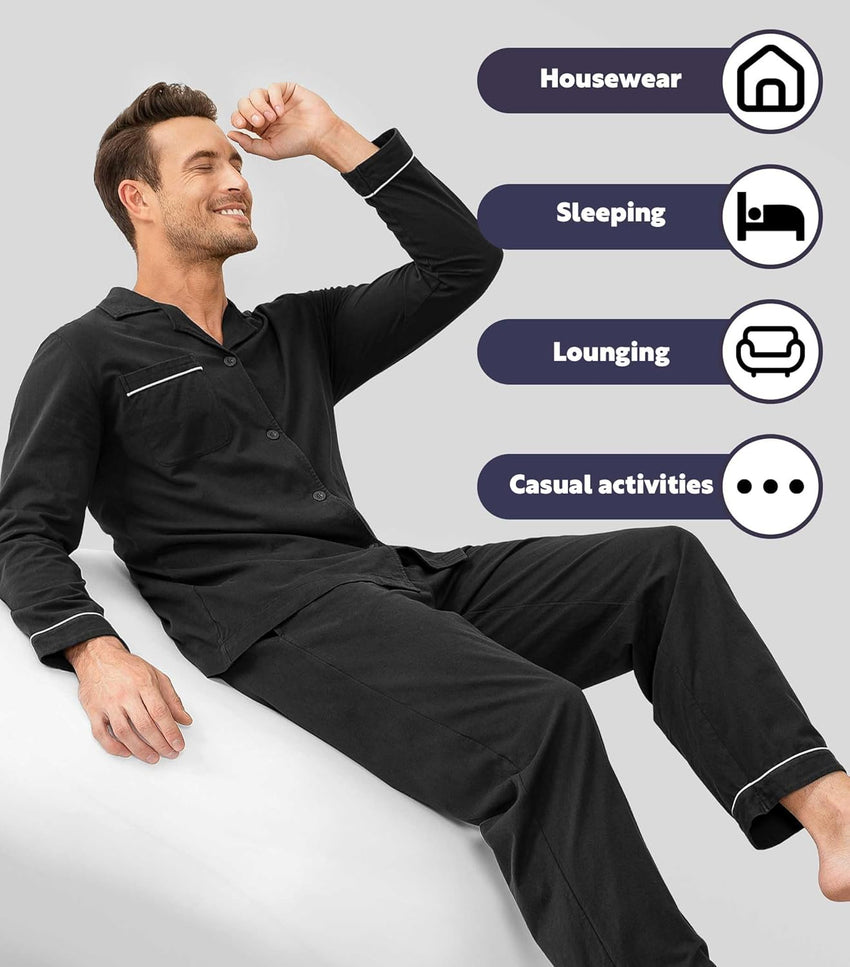 DAVID ARCHY Mens Pajamas Set Soft Cotton Notched Collar Pajamas for Men Long Sleeve Mens Sleepwear with Pockets & Front Fly