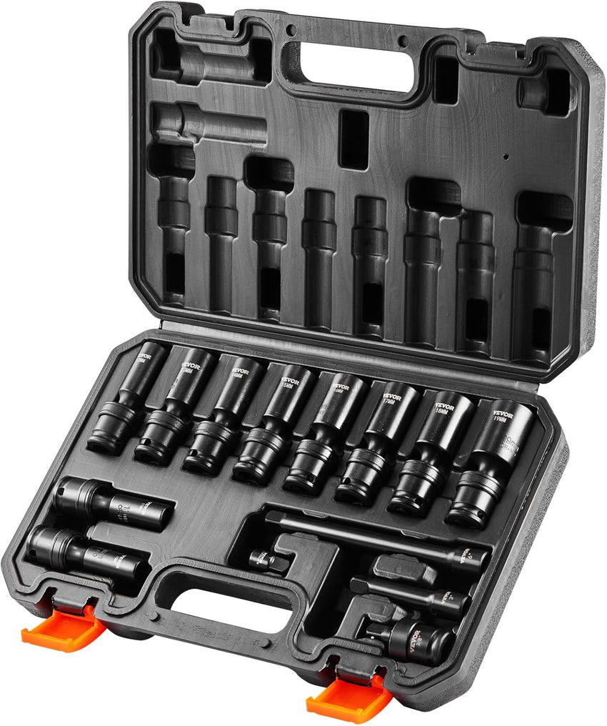 VEVOR Impact Socket Set 3/8" Drive, 48-Piece Standard SAE (5/16 to 3/4 inch) & Metric (8 to 22 mm) Size, Deep & Shallow, 6 Point, CR-V, Extension Bar, Universal Joint, 1/2" F to 3/8" M Reducer