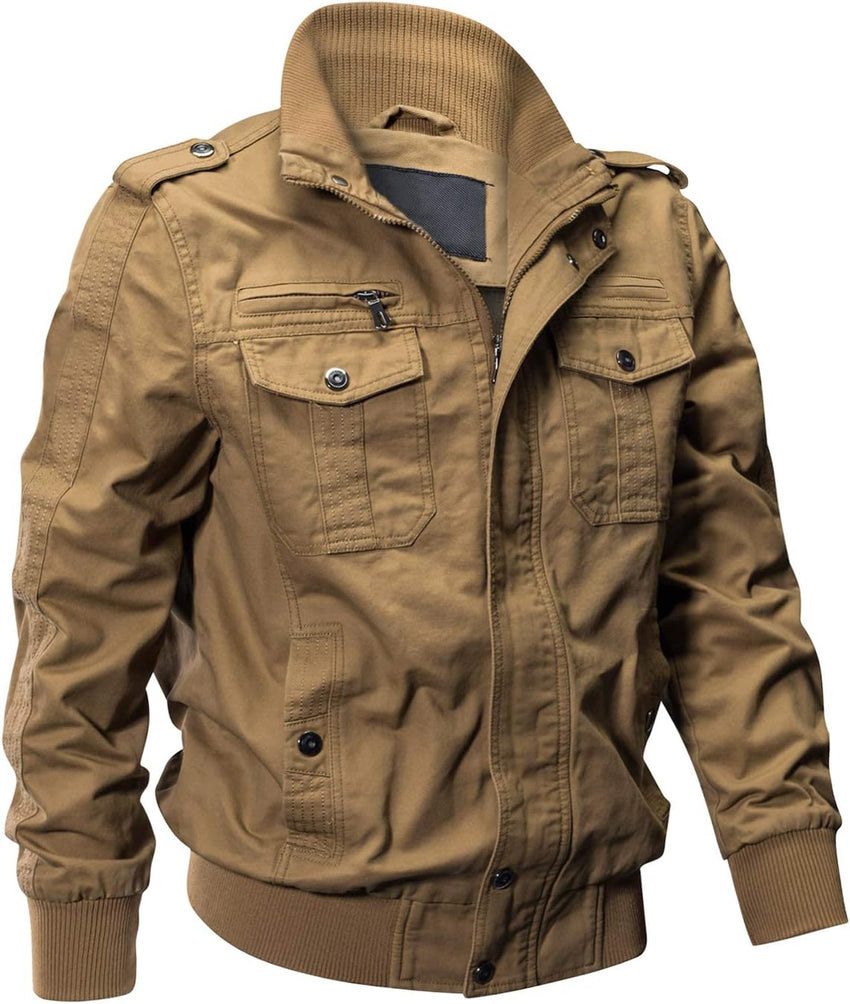 7DAY'S Men's Cotton Lightweight Multi Pockets Zip Front Stand Collar Military Jackets Windbreaker