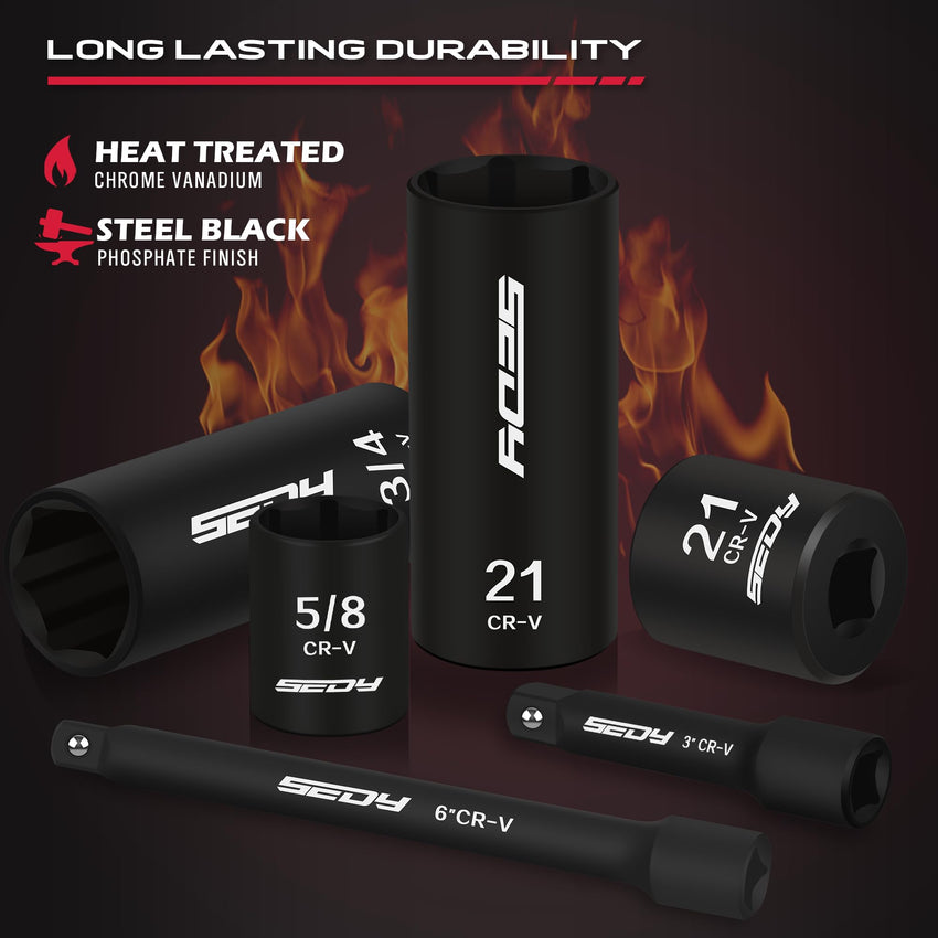 29-Piece 1/2" Drive Impact Socket Set, SAE (3/8 to 1 inch) and Metric (10-24mm) Sizes with Extension Bars Standard Deep Socket Set CR-V Material High Durability Impact Wrench