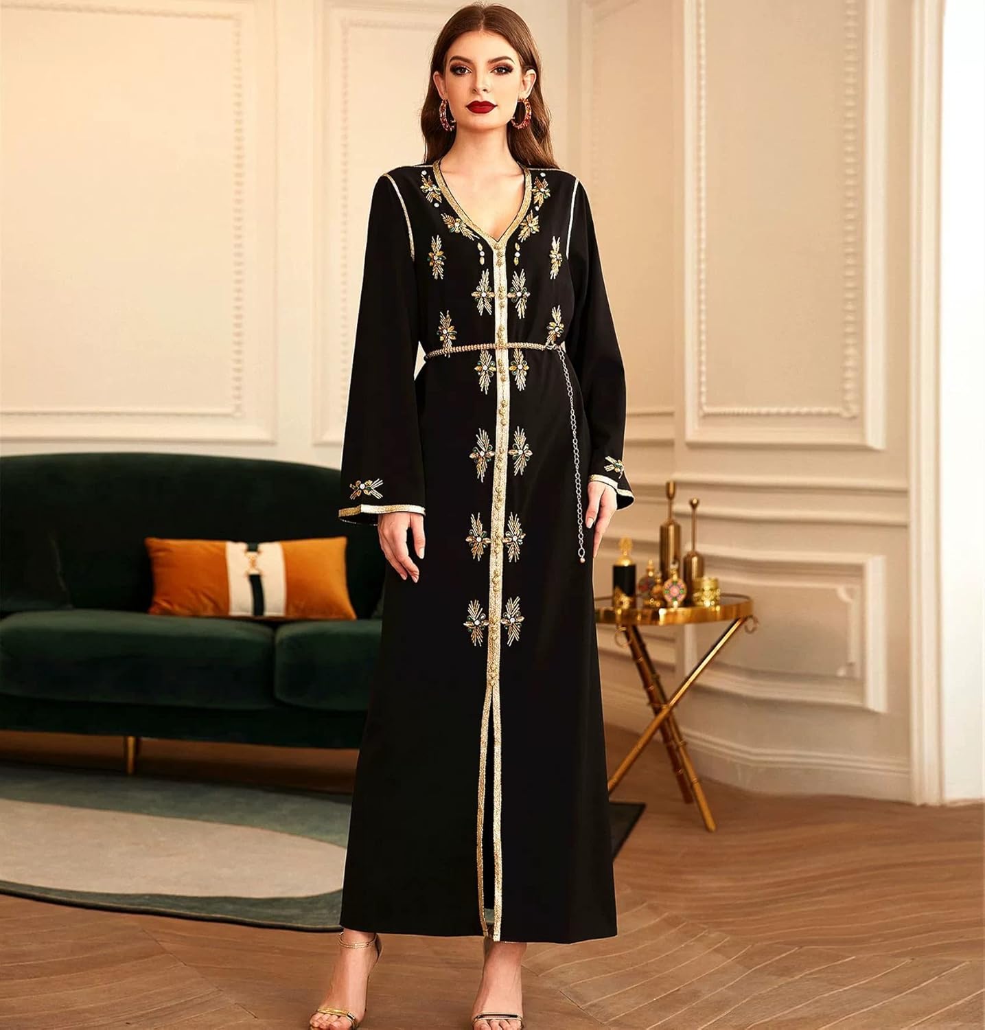 PolyJolly Handmade Bead Abaya Dress for Women Dubai Sadui Fancy Moroccan Kaftan Wedding Attire Collection