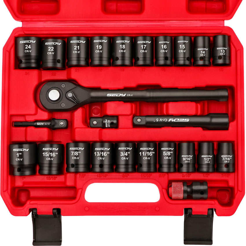 29-Piece 1/2" Drive Impact Socket Set, SAE (3/8 to 1 inch) and Metric (10-24mm) Sizes with Extension Bars Standard Deep Socket Set CR-V Material High Durability Impact Wrench