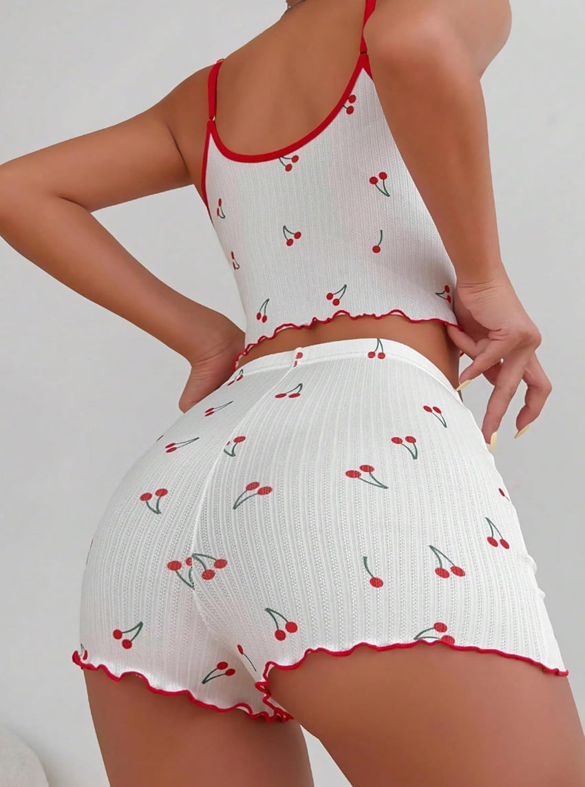 Hilinker Womens Graphic Print Ribbed PJ Set Crop Cami Tops and Shorts Cute Pajamas Set