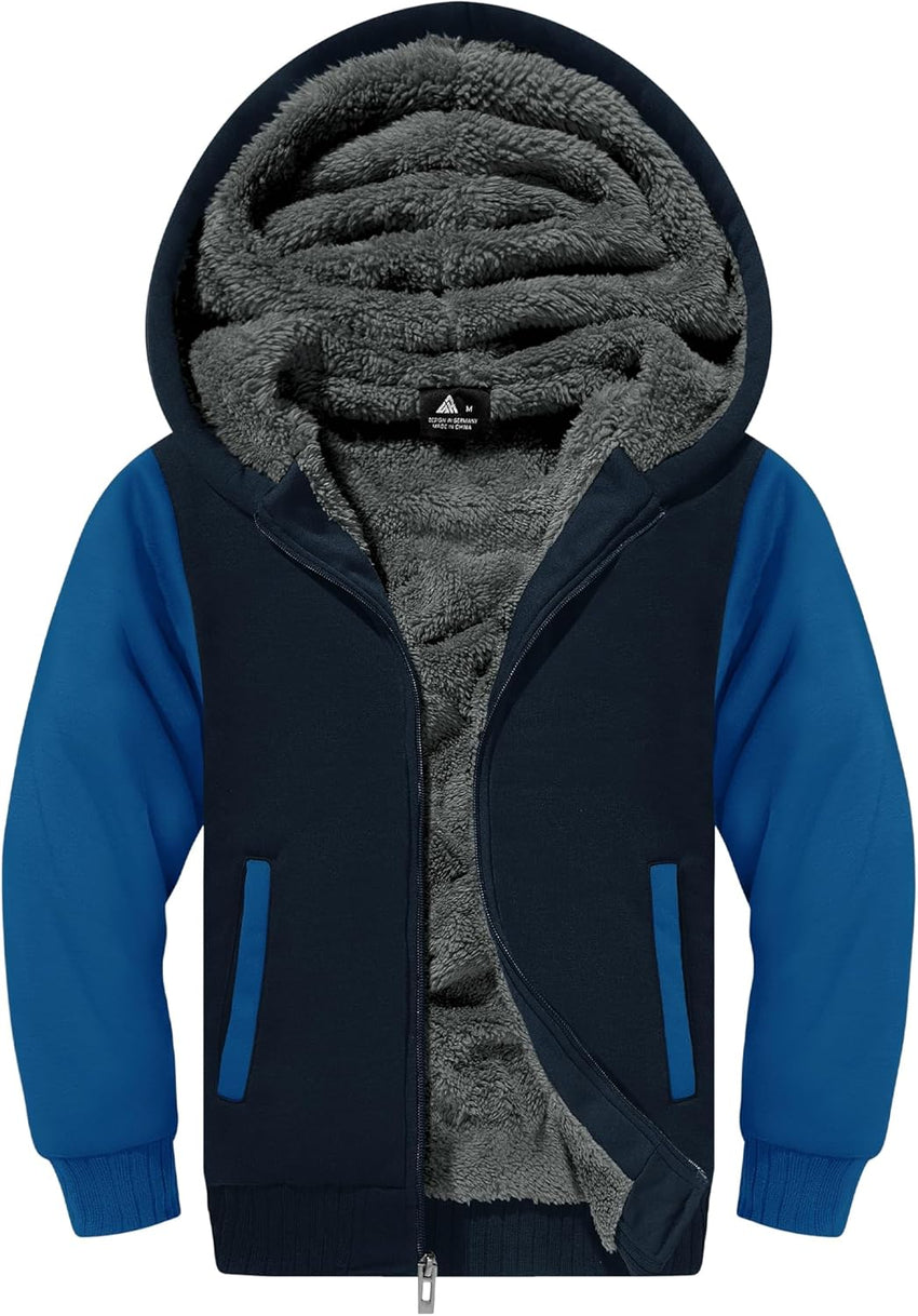 SWISSWELL Hooded Jacket for Boys Full Zip Ultra Soft Sherpa Fleece Hoodie Sweatshirt for Kids School Hooded Outerwear