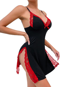 Sexy Split Side Floral Lace Trim Full Slip Night Gown Babydoll Lingerie Dress with Thong 2 piece
