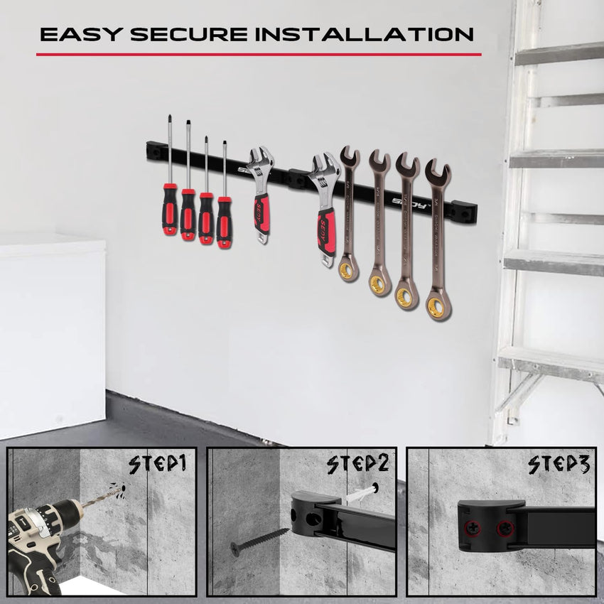 48" Heavy Duty Garage Wall Organizer, Wall Mount Tool Storage Rack with Adjustable Hooks, Garden Tool Organizer Hold Up to 300lbs, Easy Installation (3 Panels, 8 Hooks, 3 Straps)