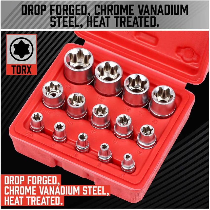 SEDY 14-Piece E-TORX Socket Set - Premium Female Torx Socket Set, Ultimate Torque Star Sockets, External Torx Sockets, E4 E5 E6 E7 E8 E10 E11 E12 E14 E16 E18 E20 E22 E24