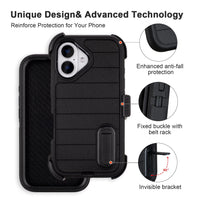 Black for iPhone 16 Case with Belt Clip Holster, Heavy Duty Rugged Military Grade Shockproof Case for iPhone 16 Case Protective Cover with Kickstand 6.1 Inch