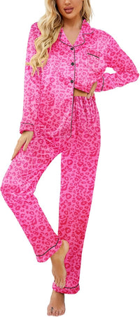 Ekouaer Womens Satin Pajama Set Classic Pattern Silky Pj Sets Button Down Sleepwear Loungewear