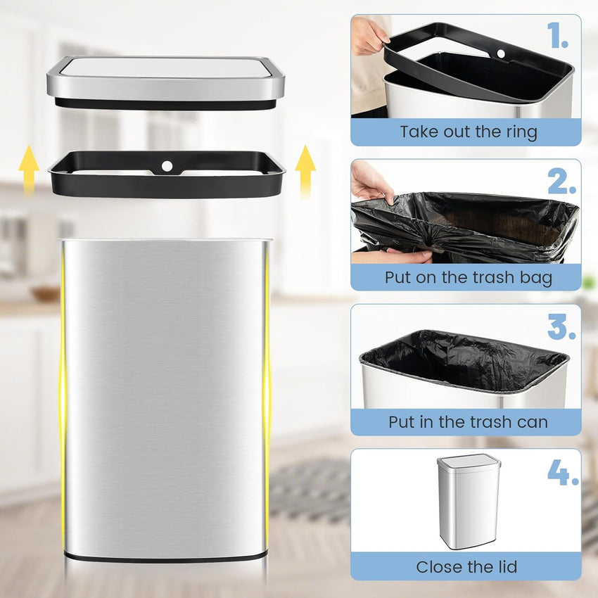 Goplus 13 Gallon/ 50L Touchless Trash Can, Rectangular Motion Sensor Trash Bin with Soft Close Lid & Deodorizer Compartment, Stainless Steel Automatic Garbage Can for Kitchen, Office