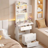 Maupvit Small Vanity Desk with Mirror and Lights, Modern Compact Make Up Vanity Set with Hidden Stool, Charging Station, Drawers, White Narrow Vanity Dressing Table with Fold-up Panel for Small Space
