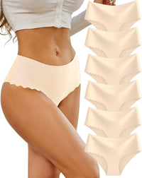 Sth Big High Waisted Seamless Underwear for Women No Show Panties Cheeky Scalloped Edge Bikini Breathable Briefs 6 Pack