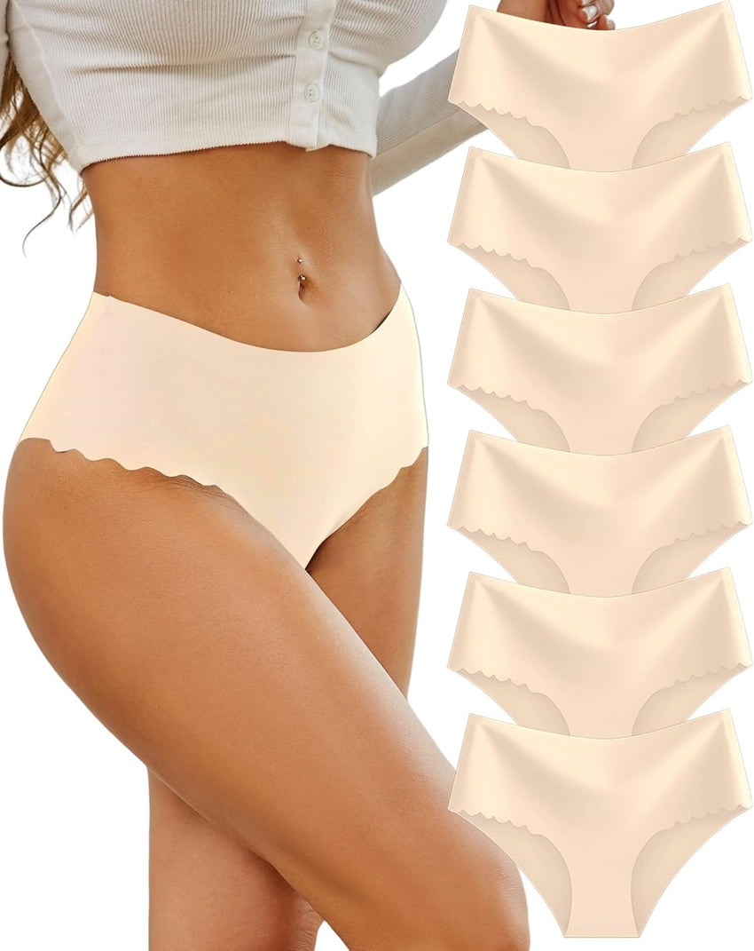 Sth Big High Waisted Seamless Underwear for Women No Show Panties Cheeky Scalloped Edge Bikini Breathable Briefs 6 Pack