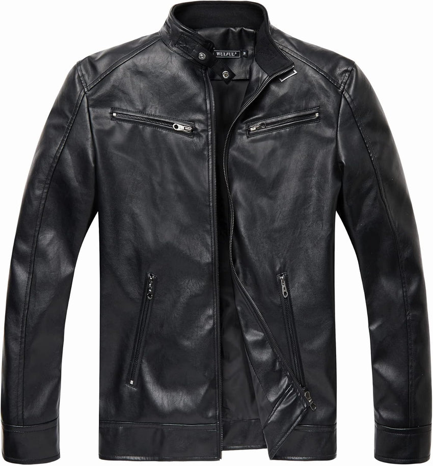 7DAY'S Men's Stand Collar Leather Jacket Motorcycle Lightweight Faux Leather Outwear