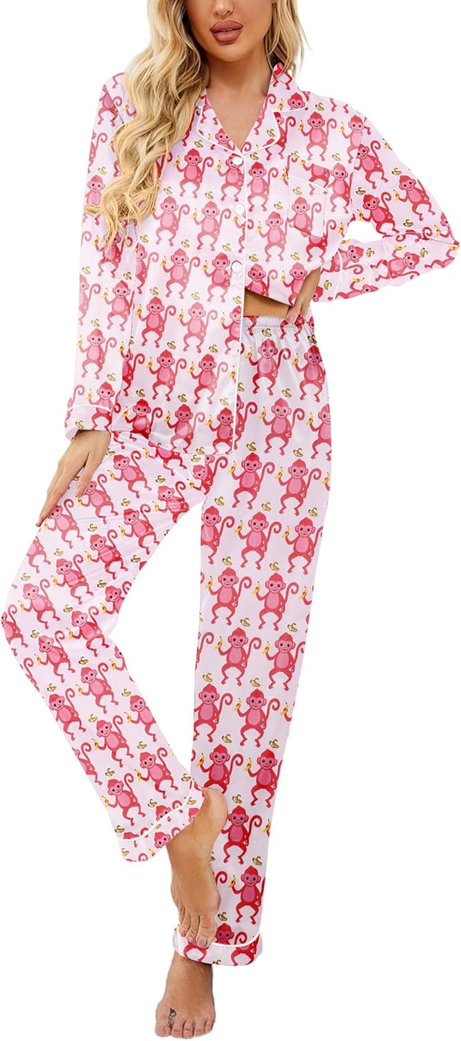 Ekouaer Womens Satin Pajama Set Classic Pattern Silky Pj Sets Button Down Sleepwear Loungewear