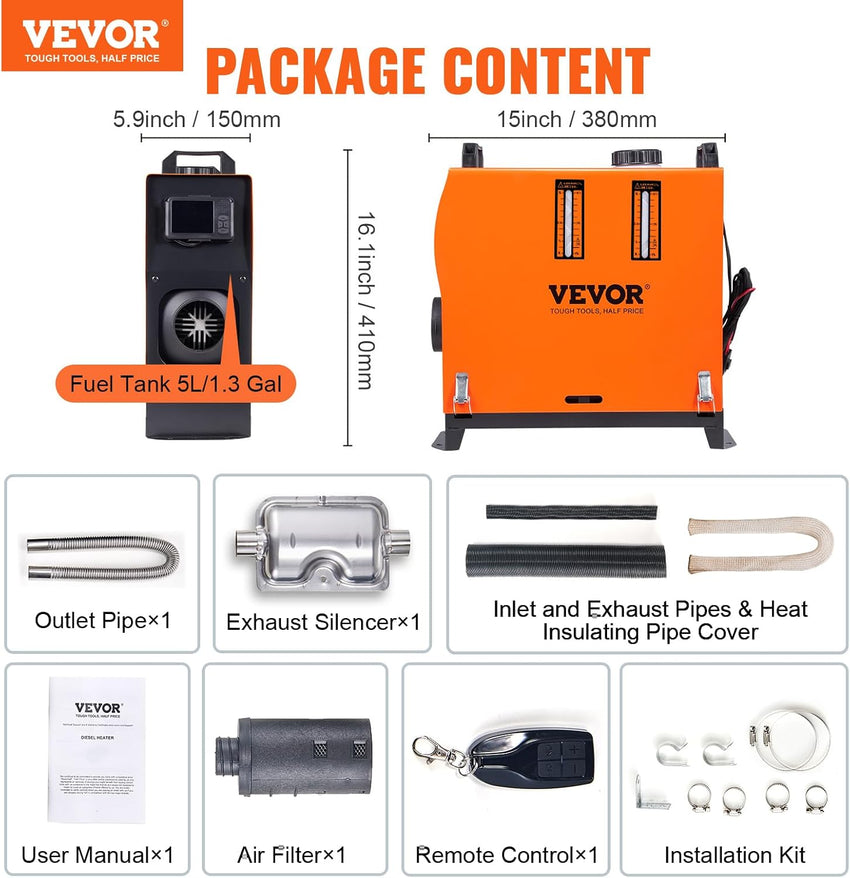 VEVOR 8KW Diesel Heater All in One, Diesel Air Heater with Bluetooth App Control, Portable Parking Heater Automatic Altitude Adjustment Max 18045 ft, Remote Control and LCD, for Vehicles
