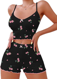 Hilinker Womens Graphic Print Ribbed PJ Set Crop Cami Tops and Shorts Cute Pajamas Set