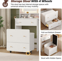 Maupvit Small Vanity Desk with Mirror and Lights, Modern Compact Make Up Vanity Set with Hidden Stool, Charging Station, Drawers, White Narrow Vanity Dressing Table with Fold-up Panel for Small Space