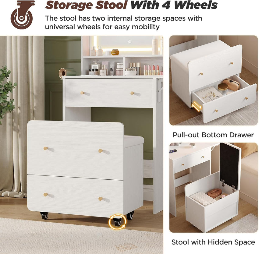 Maupvit Small Vanity Desk with Mirror and Lights, Modern Compact Make Up Vanity Set with Hidden Stool, Charging Station, Drawers, White Narrow Vanity Dressing Table with Fold-up Panel for Small Space