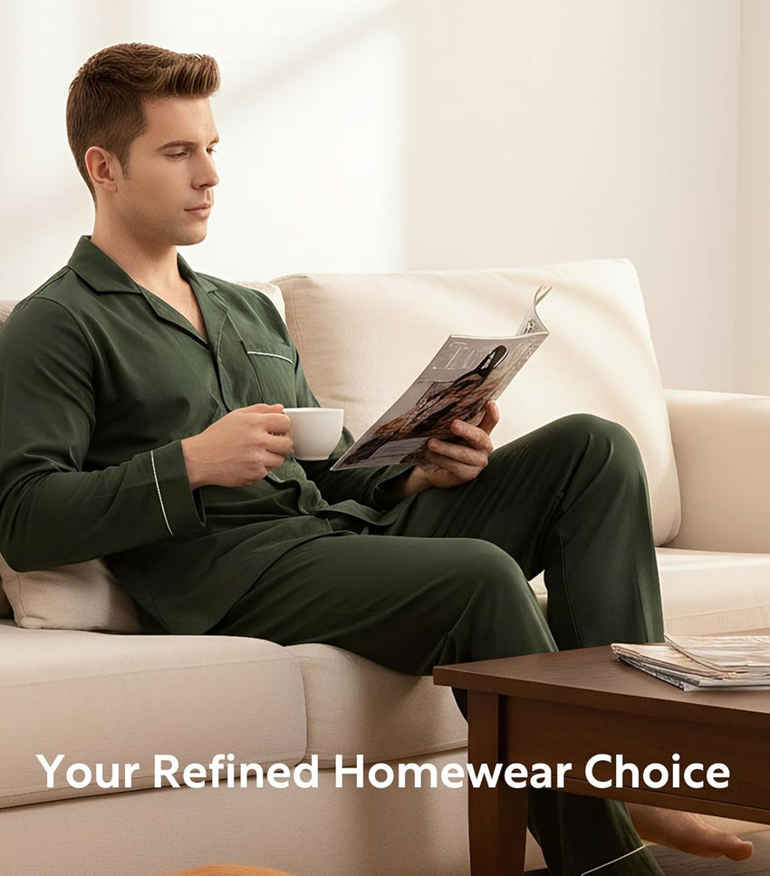 DAVID ARCHY Mens Pajamas Set Soft Cotton Notched Collar Pajamas for Men Long Sleeve Mens Sleepwear with Pockets & Front Fly